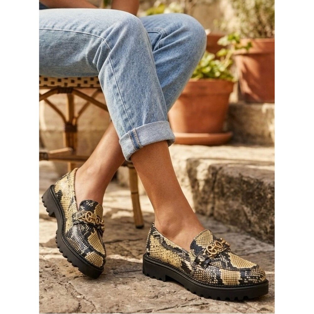 Circus Sam Edelman Deana Loafers Womens 7 Snake Print Chunky Lug Sole Gold Chain